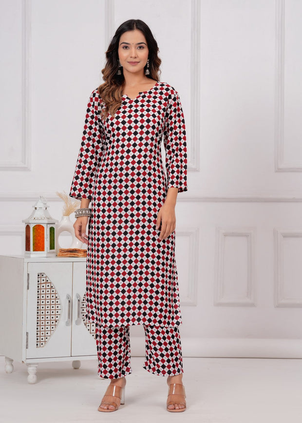 Premium rayon printed v neck ankle length coord set (1193) Maroon