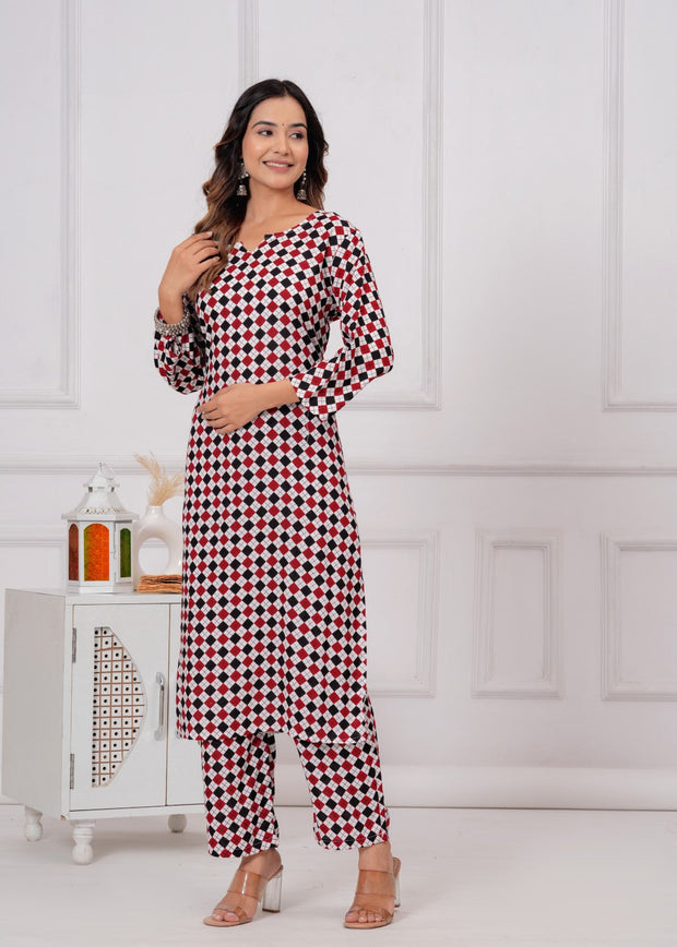 Premium rayon printed v neck ankle length coord set (1193) Maroon