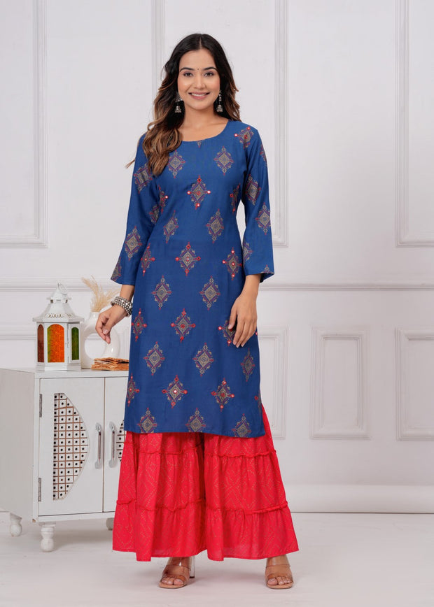 Vikanshi international printed rayon embroidered kurta sharara dupatta set (1125) Blue