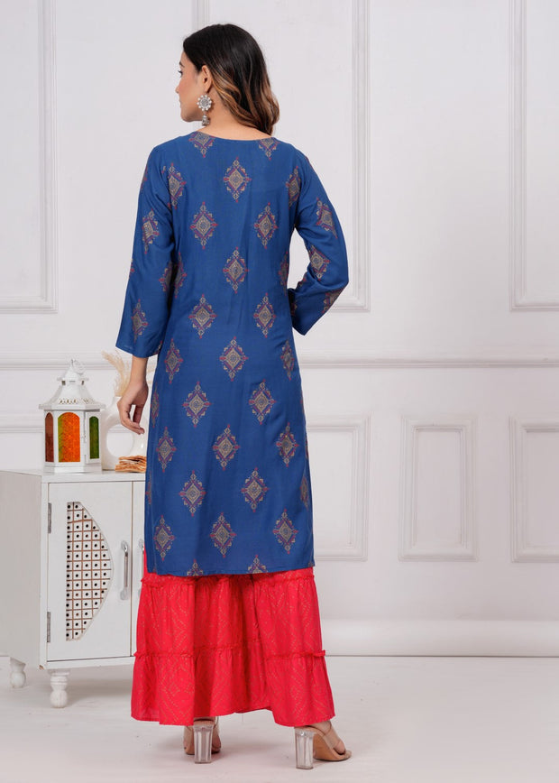 Vikanshi international printed rayon embroidered kurta sharara dupatta set (1125) Blue