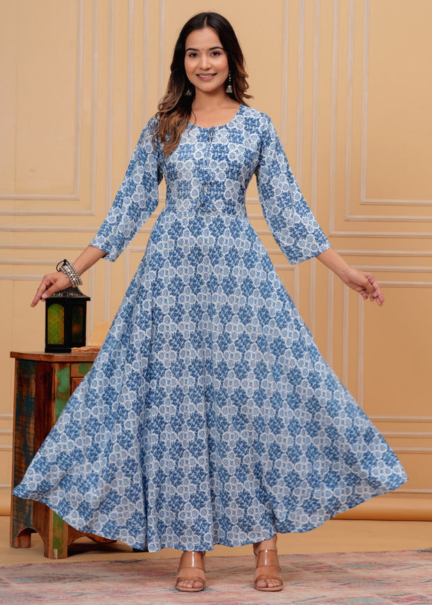 Vikanshi international rayon block printed ankle length dress (1188) Blue