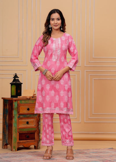 Vikanshi international rayon printed gota work round neck ankle length coord set (1190)