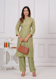 Vikanshi international rayon block printed v neck ankle length coord set (1191)