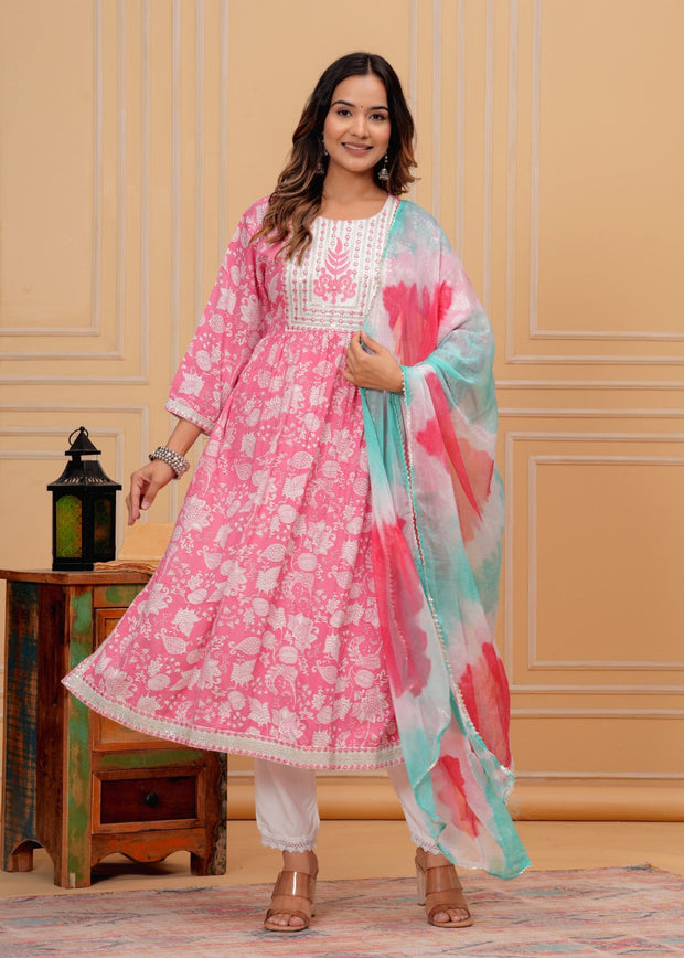 Premium rayon block printed naira kurta pant dupatta set Pink (230404)