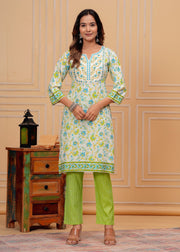 Rayon block printed, embroidered v neck coord set (1192)