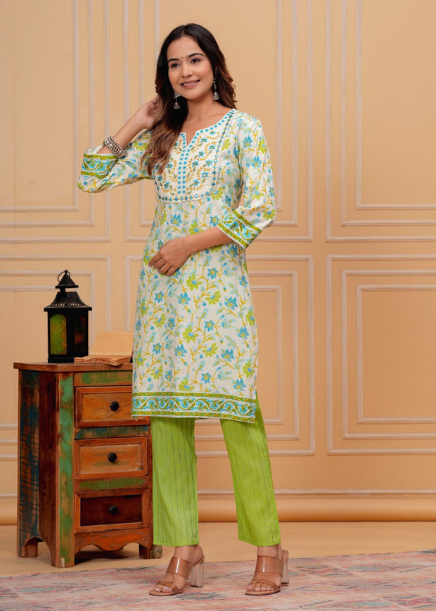 Rayon block printed, embroidered v neck coord set (1192)