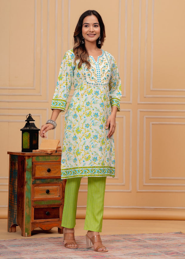 Rayon block printed, embroidered v neck coord set (1192)