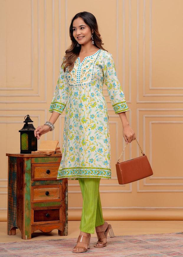 Rayon block printed, embroidered v neck coord set (1192)