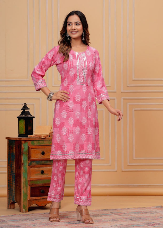 Vikanshi international rayon printed gota work round neck ankle length coord set (1190)