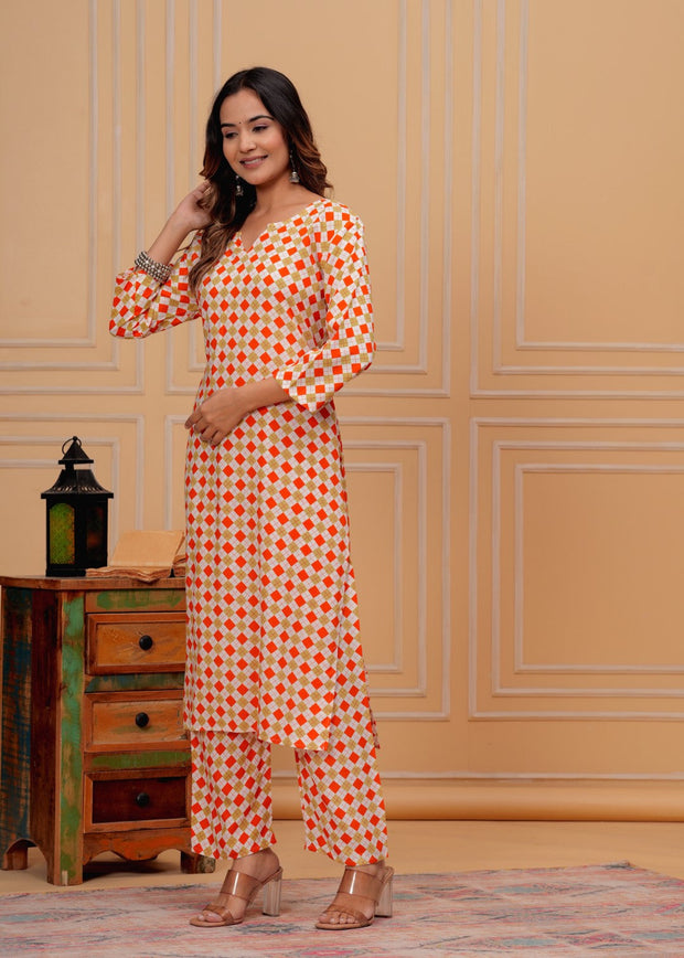 Premium rayon printed v neck ankle length coord set (1193) Orange