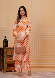 Premium rayon printed v neck ankle length coord set (1193) Orange