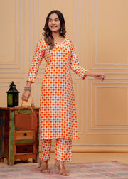 Premium rayon printed v neck ankle length coord set (1193) Orange