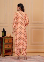 Premium rayon printed v neck ankle length coord set (1193) Orange