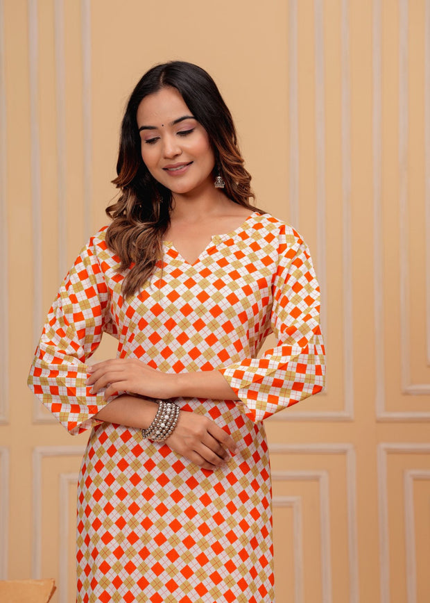 Premium rayon printed v neck ankle length coord set (1193) Orange