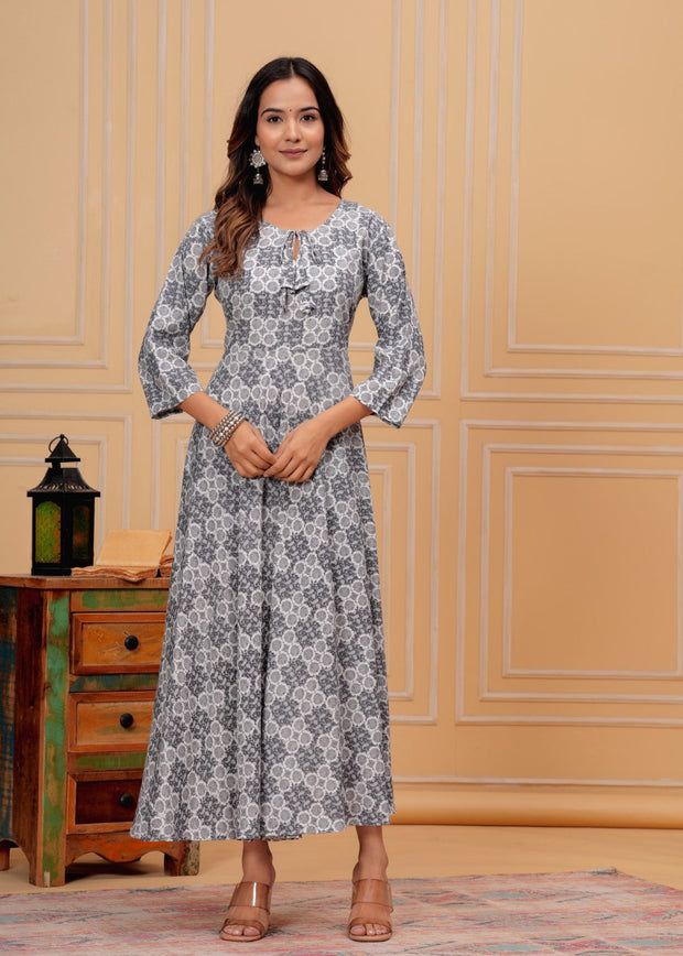 Vikanshi international rayon block printed ankle length dress (1188) Gray