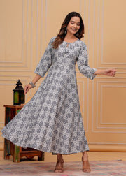 Vikanshi international rayon block printed ankle length dress (1188) Gray