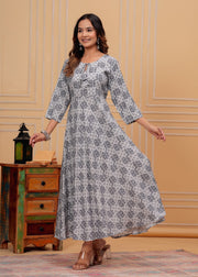 Vikanshi international rayon block printed ankle length dress (1188) Gray