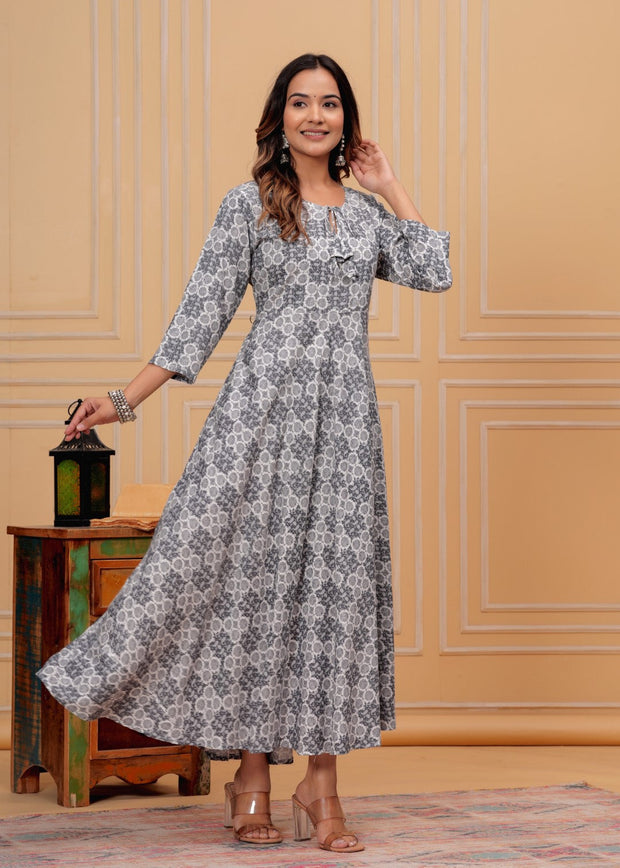 Vikanshi international rayon block printed ankle length dress (1188) Gray