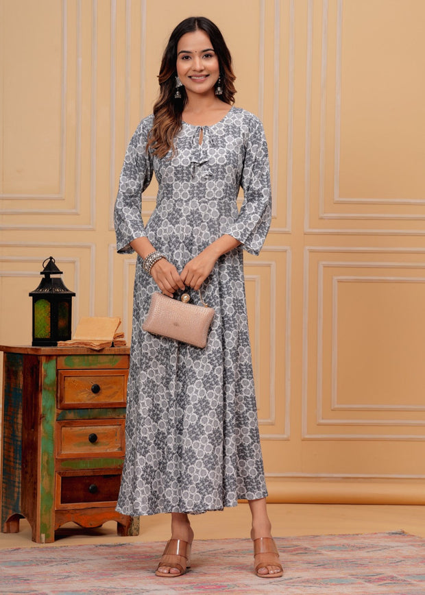 Vikanshi international rayon block printed ankle length dress (1188) Gray