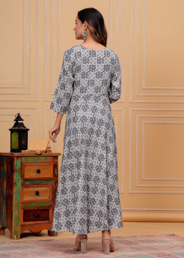 Vikanshi international rayon block printed ankle length dress (1188) Gray