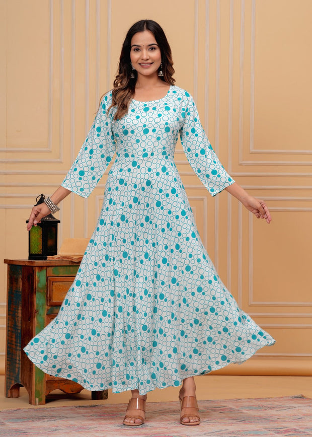 Vikanshi international rayon block printed round neck ankle length dress (1189) C-Green