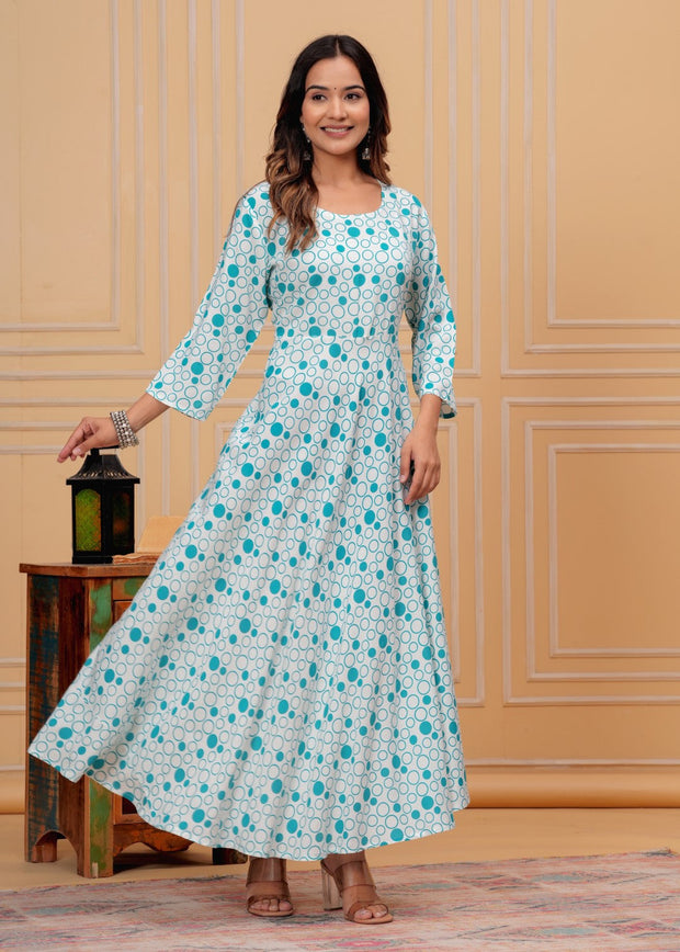 Vikanshi international rayon block printed round neck ankle length dress (1189) C-Green