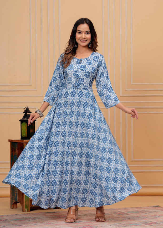 Vikanshi international rayon block printed ankle length dress (1188) Blue