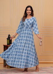 Vikanshi international rayon block printed ankle length dress (1188) Blue