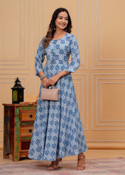 Vikanshi international rayon block printed ankle length dress (1188) Blue