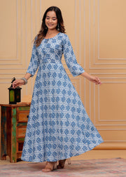 Vikanshi international rayon block printed ankle length dress (1188) Blue