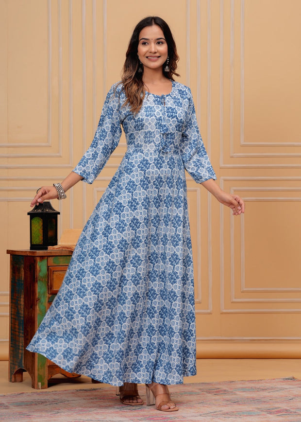 Vikanshi international rayon block printed ankle length dress (1188) Blue