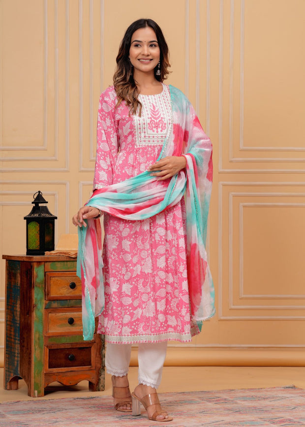 Premium rayon block printed naira kurta pant dupatta set Pink (230404)