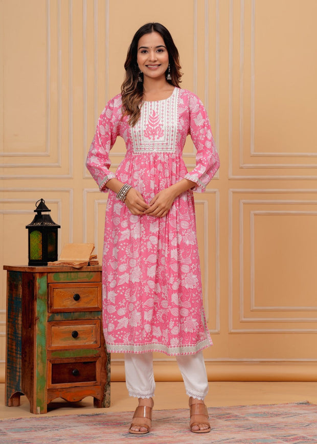 Premium rayon block printed naira kurta pant dupatta set Pink (230404)