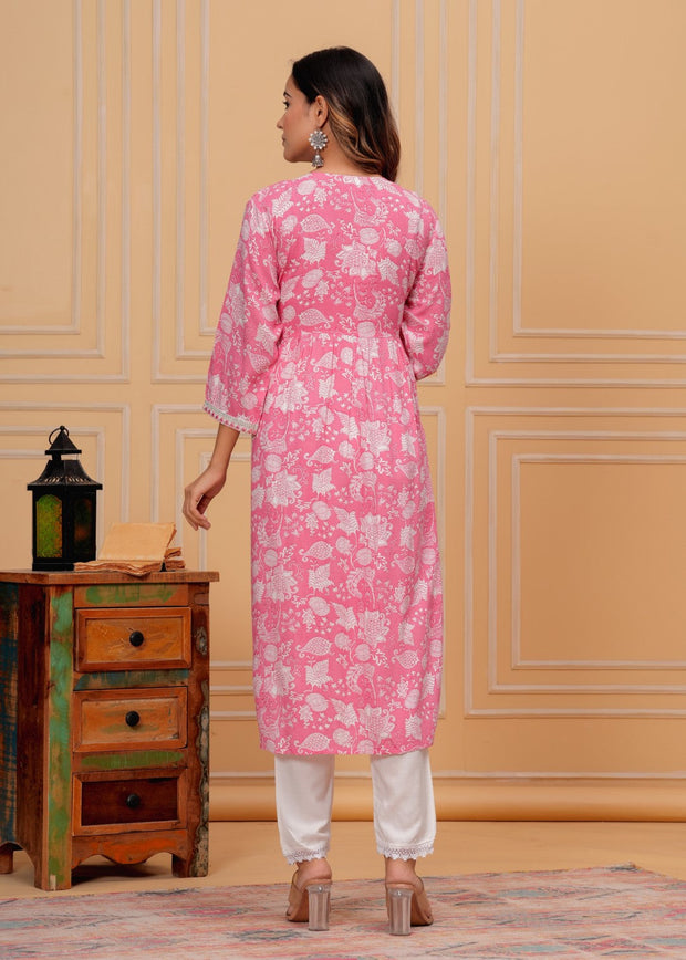 Premium rayon block printed naira kurta pant dupatta set Pink (230404)