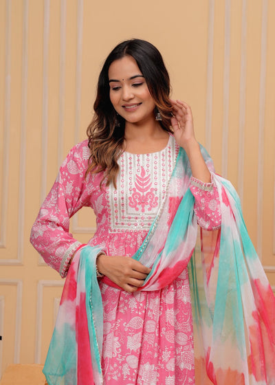 Premium rayon block printed naira kurta pant dupatta set Pink (230404)