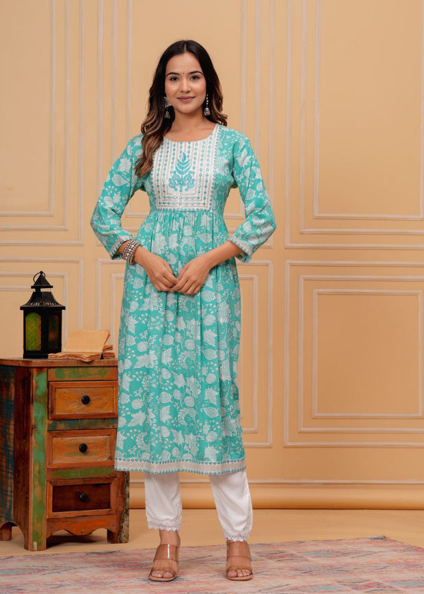 Premium rayon block printed naira kurta pant dupatta set c-green (230404)