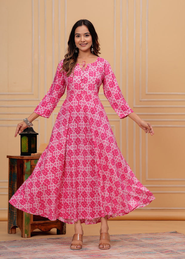 Vikanshi international rayon block printed ankle length dress (1188) Pink