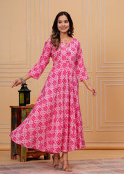 Vikanshi international rayon block printed ankle length dress (1188) Pink