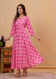 Vikanshi international rayon block printed ankle length dress (1188) Pink