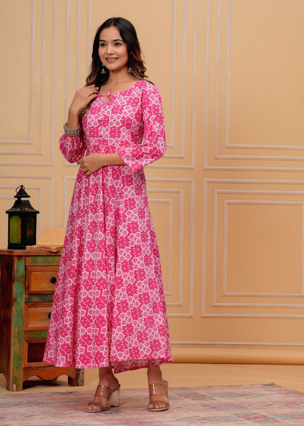 Vikanshi international rayon block printed ankle length dress (1188) Pink