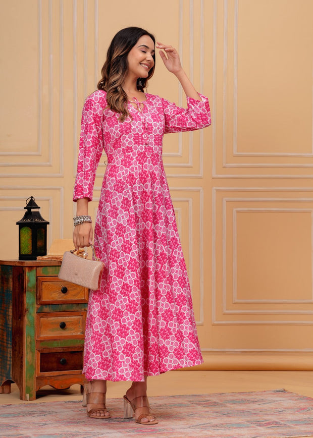 Vikanshi international rayon block printed ankle length dress (1188) Pink