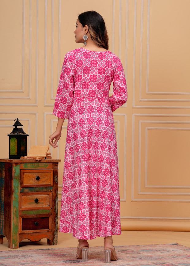 Vikanshi international rayon block printed ankle length dress (1188) Pink