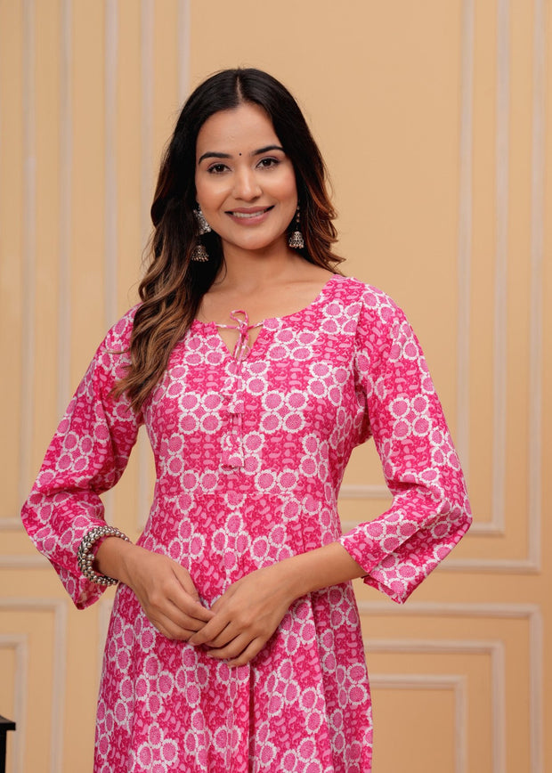 Vikanshi international rayon block printed ankle length dress (1188) Pink